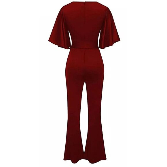 Elegant Butterfly Sleeve V-Neck Flared Pants Fashion Sense Jumpsuit with Belt - Picture 9 of 12